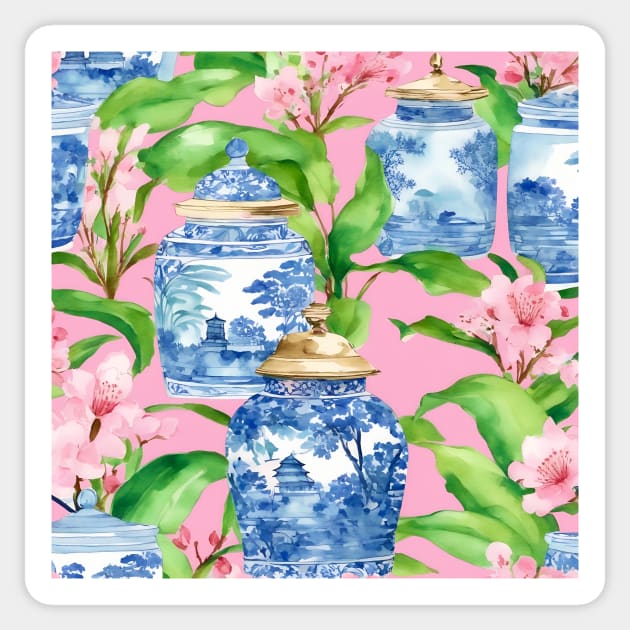 Chinoiserie jars and banana leaves on pink Sticker by SophieClimaArt